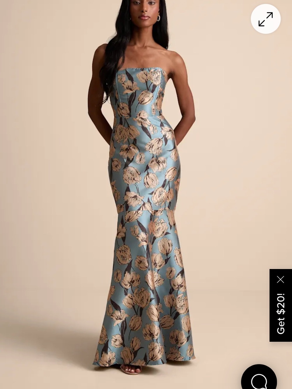 Gowning Around Slate Blue Floral Jacquard Strapless Maxi Dress